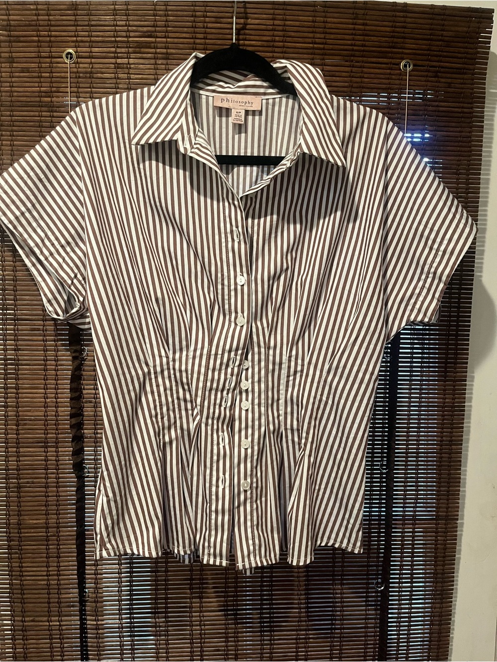 Philosophy Brown & White Striped Short-Sleeve Button Blouse